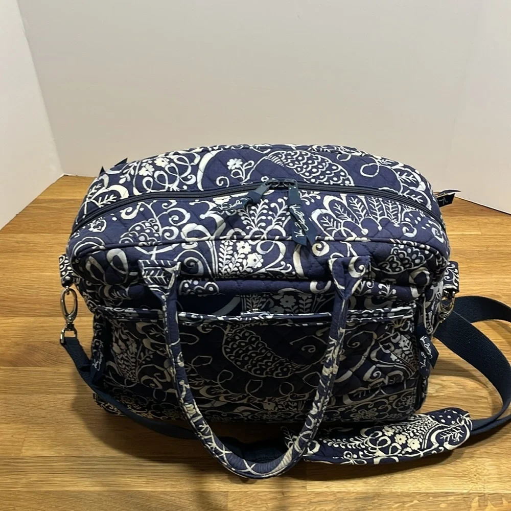 Vera Bradley Blue & Ivory Floral Paisley Print Laptop Commuter Bag Travel Tote